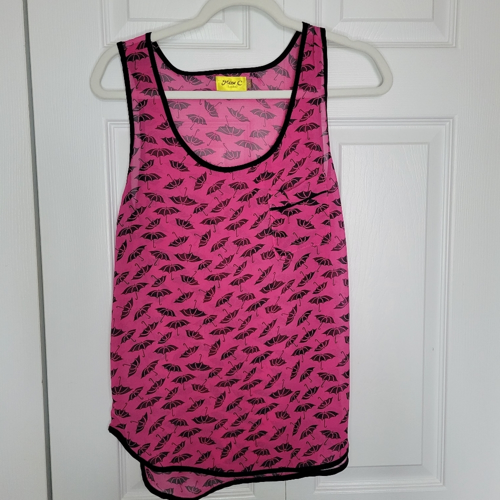 Pink overlay tank top with black umbrella print